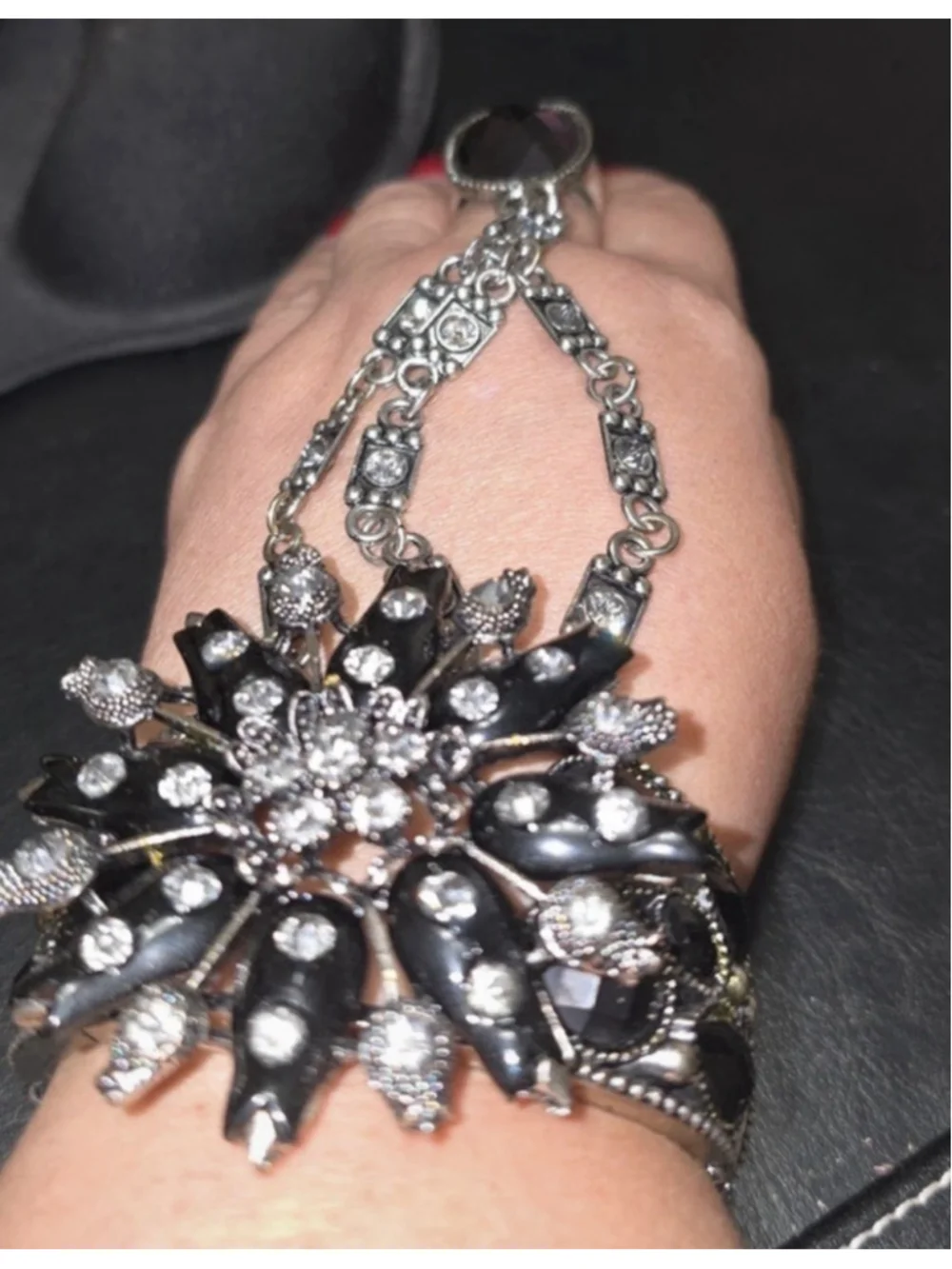 Black Rhinestone Gothic ArtDeco Boho Hand Chain Finger Slave Ring Bracelet Gypsy